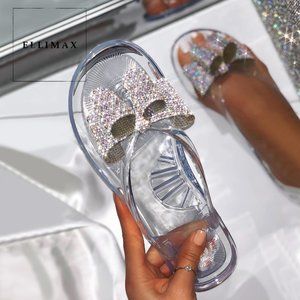NEW🔥 Clear Rhinestone Bow Thong Slide Flat Sandal